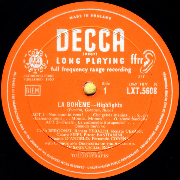 Giacomo Puccini / Renata Tebaldi, Carlo Bergonzi, Ettore Bastianini, Cesare Siepi, Fernando Corena, Tullio Serafin : La Bohème (LP, Mono)