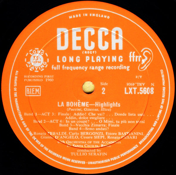 Giacomo Puccini / Renata Tebaldi, Carlo Bergonzi, Ettore Bastianini, Cesare Siepi, Fernando Corena, Tullio Serafin : La Bohème (LP, Mono)