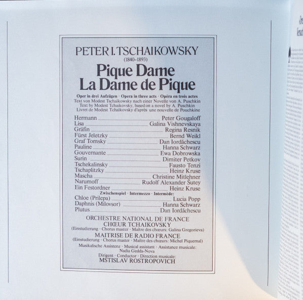Pyotr Ilyich Tchaikovsky  -  Peter Gougalov, Galina Vishnevskaya, Regina Resnik, Bernd Weikl, Dan Iordăchescu, Hanna Schwarz, Lucia Popp, Ewa Dobrowska, Dimiter Petkov, Fausto Tenzi, Heinz Kruse, Christine Mitlehner, Rudolf Alexander Sutey, Orchestre Nati : Pique Dame (4xLP, Album + Box)