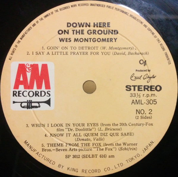 Wes Montgomery : Down Here On The Ground (LP, Album, Gat)