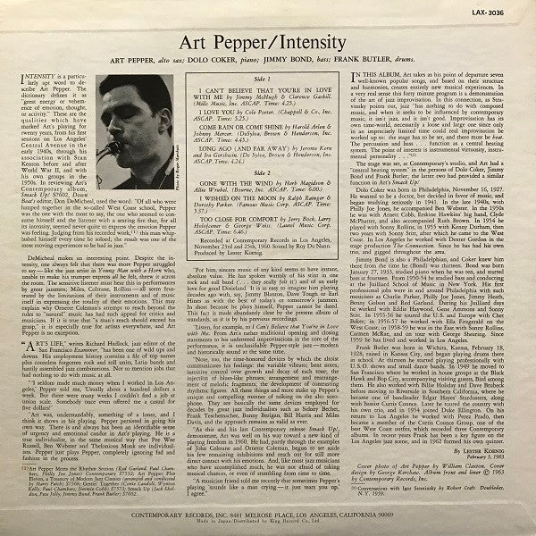 Art Pepper : Intensity (LP, Album, Ltd, RE)