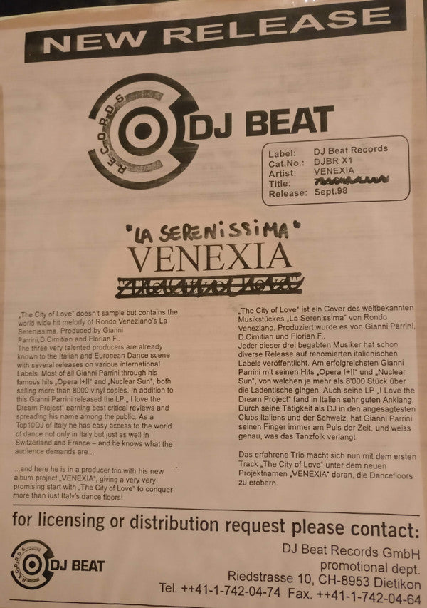 Venexia : The City Of Love (12", Promo, W/Lbl)