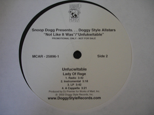 Snoop Dogg Presents... Doggy Style Allstars : Not Like It Was / Unfucwitable (12", Promo)