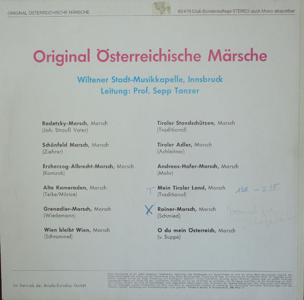 Stadtmusikkapelle Wilten , Leitung: Sepp Tanzer : Original Österreichische Märsche (LP, Album, Club)