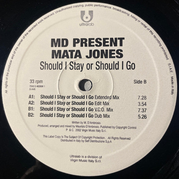 Maurizio D'Ambrosio Present Mata Jones : Should I Stay Or Should I Go (12")