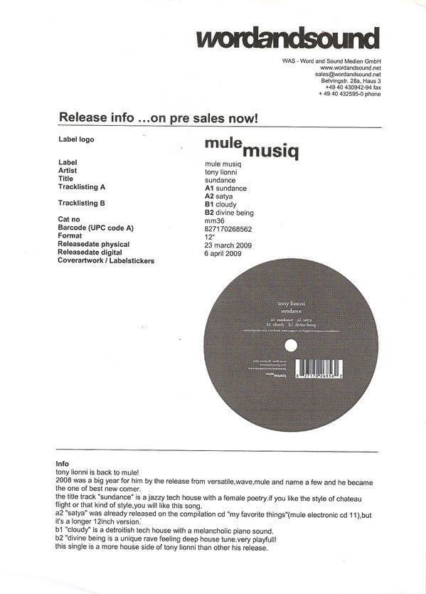 Tony Lionni : Sundance (12", Promo, W/Lbl)