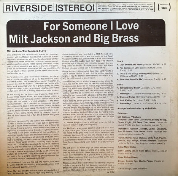 Milt Jackson And Big Brass : For Someone I Love (LP, Album)