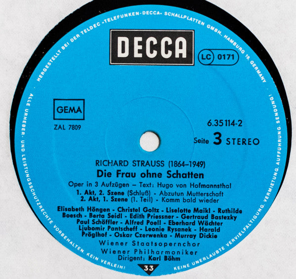 Richard Strauss - Leonie Rysanek • Christel Goltz • Elisabeth Höngen • Hans Hopf • Paul Schöffler • Kurt Böhme • Wiener Philharmoniker • Wiener Staatsopernchor, Karl Böhm : Die Frau Ohne Schatten (4xLP + Box)