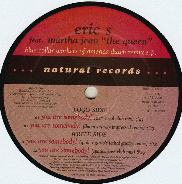 Eric S Featuring Martha Jean : Blue Collar Workers Of America Dutch Remix EP / You Are Somebody (12")