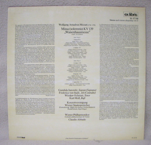 Wolfgang Amadeus Mozart, Gundula Janowitz, Frederica von Stade, Kurt Moll, Wiesław Ochman, Konzertvereinigung Wiener Staatsopernchor, Wiener Philharmoniker, Claudio Abbado : Messe KV 139 „Waisenhausmesseâ€?(LP, RE)