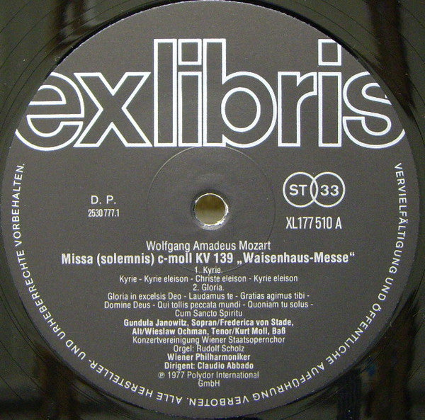 Wolfgang Amadeus Mozart, Gundula Janowitz, Frederica von Stade, Kurt Moll, Wiesław Ochman, Konzertvereinigung Wiener Staatsopernchor, Wiener Philharmoniker, Claudio Abbado : Messe KV 139 „Waisenhausmesseâ€?(LP, RE)
