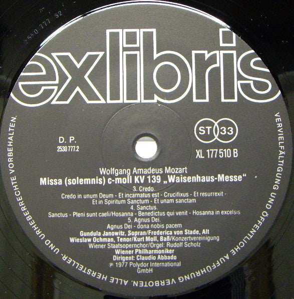 Wolfgang Amadeus Mozart, Gundula Janowitz, Frederica von Stade, Kurt Moll, Wiesław Ochman, Konzertvereinigung Wiener Staatsopernchor, Wiener Philharmoniker, Claudio Abbado : Messe KV 139 „Waisenhausmesseâ€?(LP, RE)