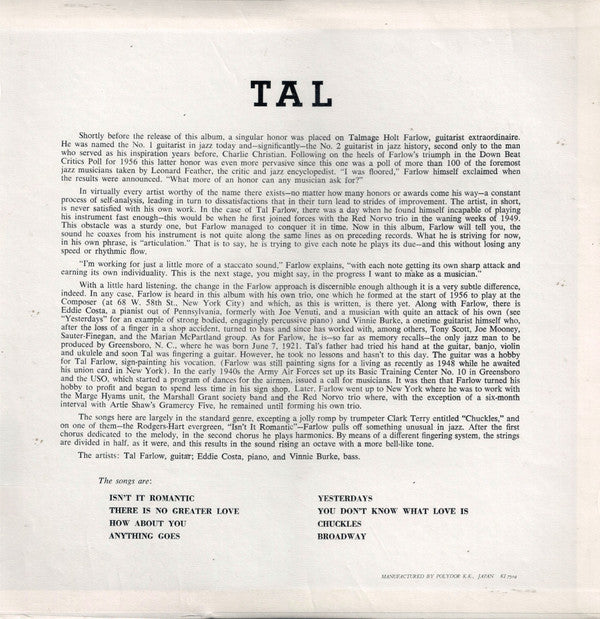 Tal Farlow : Tal (LP, Album, Mono, RE)