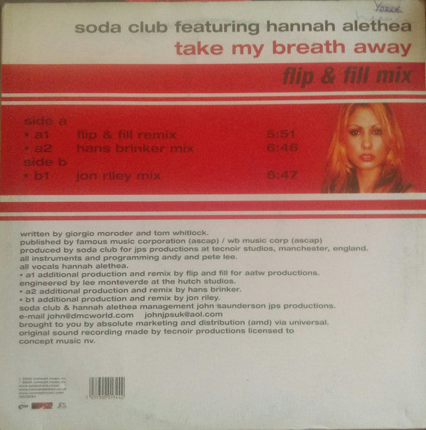Soda Club Featuring Hannah Alethea : Take My Breath Away (12")