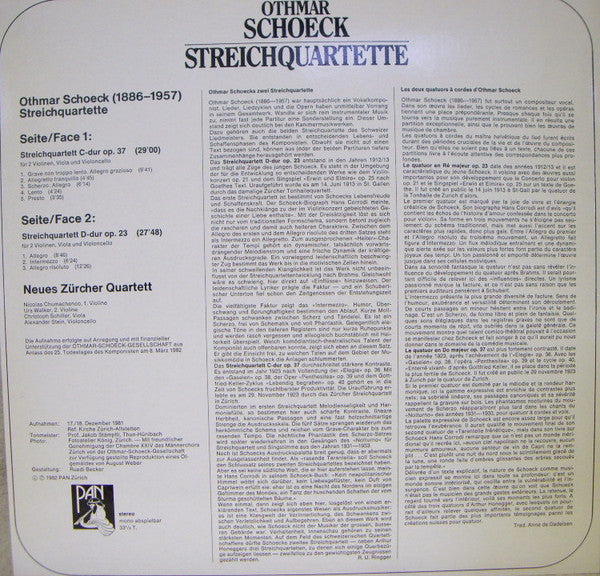 Othmar Schoeck, Neues Zürcher Quartett : Streichquartette (D-dur Op. 23 / C-dur Op. 37) (LP)