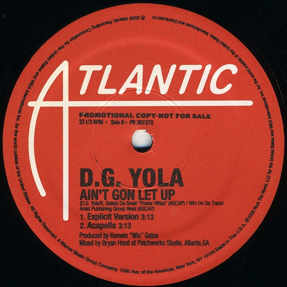 D.G. Yola : Ain't Gon Let Up (12", Promo)