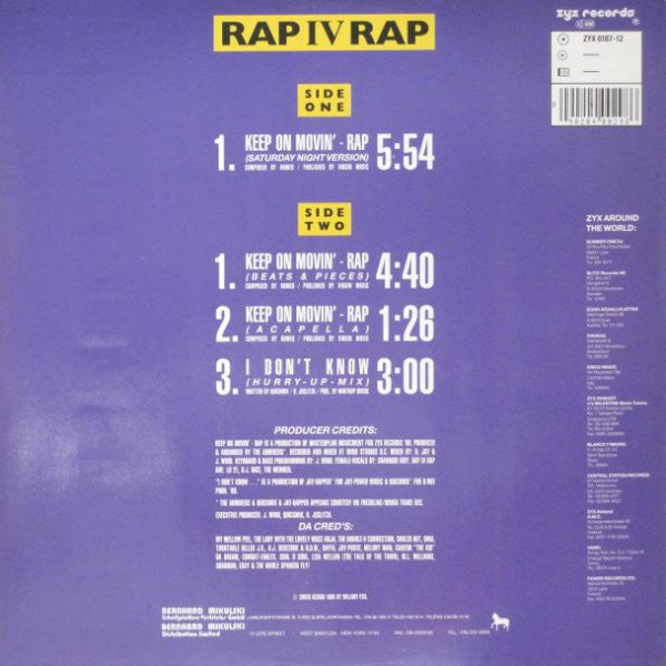 Rap IV Rap : Keep On Movin' (The Rap Version) (12", Maxi)