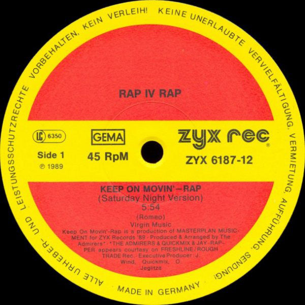 Rap IV Rap : Keep On Movin' (The Rap Version) (12", Maxi)