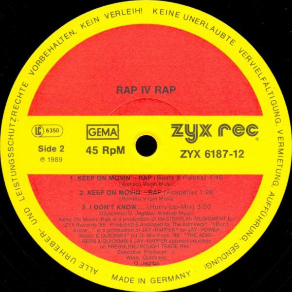 Rap IV Rap : Keep On Movin' (The Rap Version) (12", Maxi)