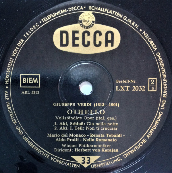 Giuseppe Verdi - Mario del Monaco, Renata Tebaldi, Aldo Protti, Wiener Philharmoniker ; Herbert von Karajan : Othello (3xLP, Mono + Box)
