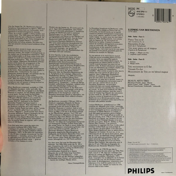 Ludwig van Beethoven, Beaux Arts Trio : Klaviertrio D-Dur (Nach Der 2. Symphonie), Triosatz Es-Dur (LP)