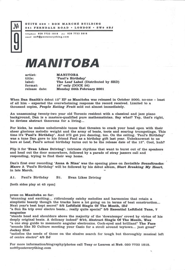Manitoba : Paul's Birthday (12")