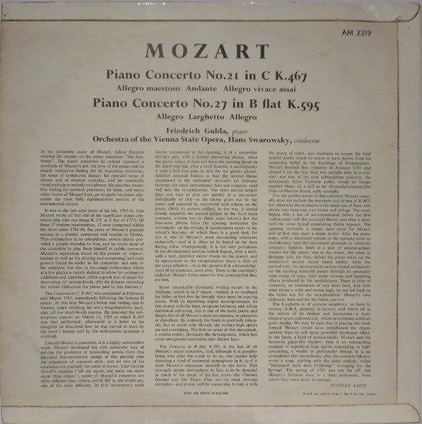 Wolfgang Amadeus Mozart, Friedrich Gulda, Orchester Der Wiener Staatsoper, Hans Swarowsky : Two Piano Concertos: Concerto N° 21 In C Major, K.467, Concerto N° 27 In B-flat Major, K.595 (LP)