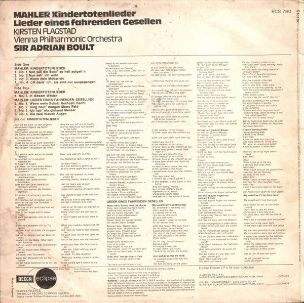Gustav Mahler - Kirsten Flagstad, Wiener Philharmoniker, Sir Adrian Boult : Kindertotenlieder / Lieder Eines Fahrenden Gesellen (LP, RE)