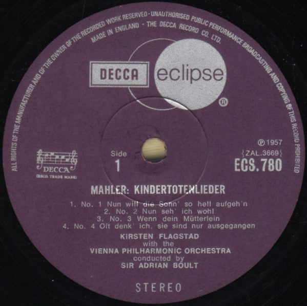 Gustav Mahler - Kirsten Flagstad, Wiener Philharmoniker, Sir Adrian Boult : Kindertotenlieder / Lieder Eines Fahrenden Gesellen (LP, RE)