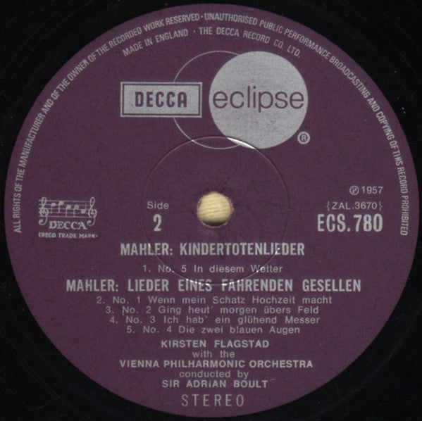 Gustav Mahler - Kirsten Flagstad, Wiener Philharmoniker, Sir Adrian Boult : Kindertotenlieder / Lieder Eines Fahrenden Gesellen (LP, RE)