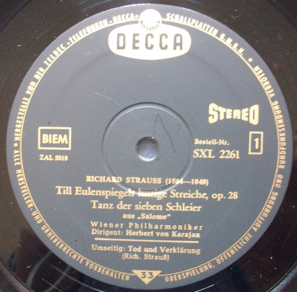 Richard Strauss, Herbert Von Karajan, Wiener Philharmoniker : Till Eulenspiegels lustige Streiche, op.28 / Tanz der sieben Schleier, aus "Salome" / Tod und Verklärung, op. 24 (LP)