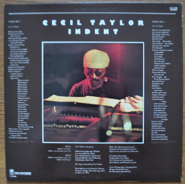Cecil Taylor : Indent (LP, Album, Promo, RE)