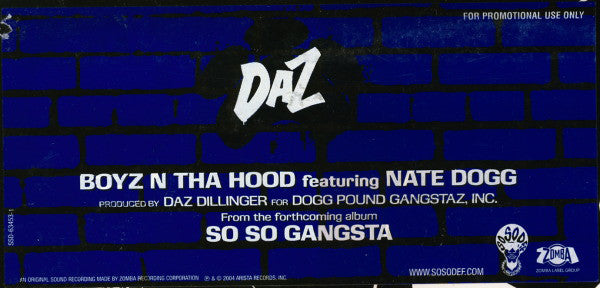 Daz Dillinger Featuring Nate Dogg : Boyz N Tha Hood (12", Promo)