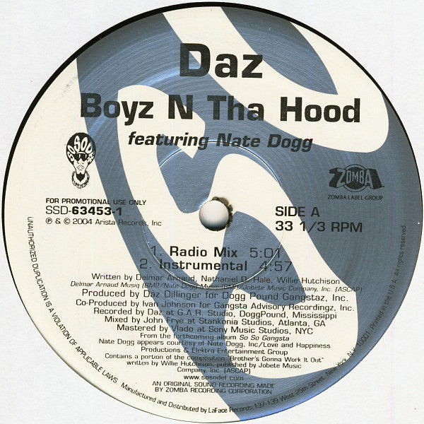 Daz Dillinger Featuring Nate Dogg : Boyz N Tha Hood (12", Promo)
