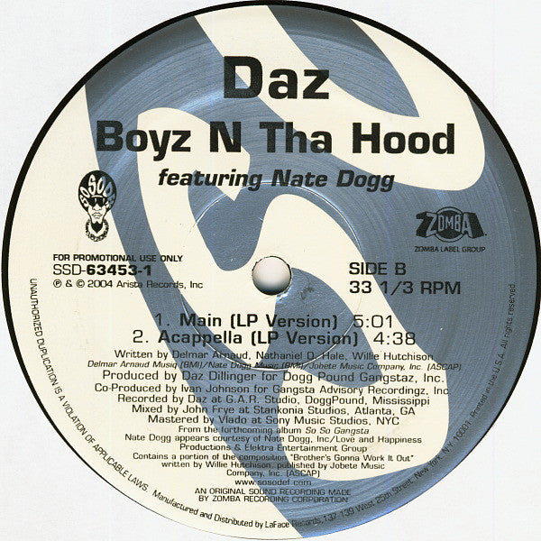Daz Dillinger Featuring Nate Dogg : Boyz N Tha Hood (12", Promo)
